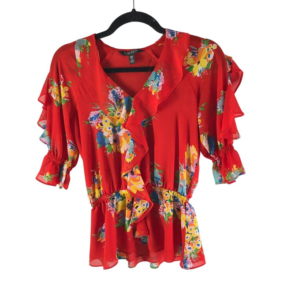 Lauren Ralph Lauren Floral Ruffle-Trim Georgette Blouse V Neck Red XXS